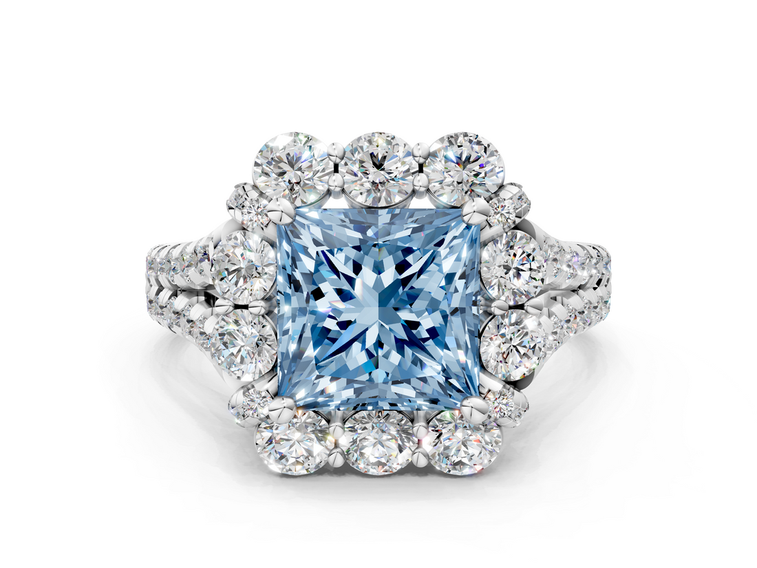 White gold Fancy Blue Princess  Halo Split Shank Diamond Engagement Ring with Pave Band and Four-Prong Setting_54