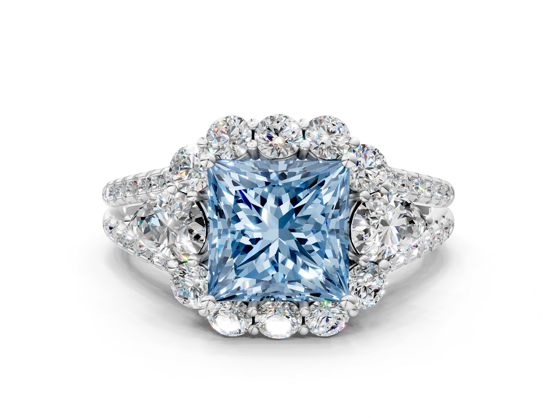 White gold Fancy Blue Princess  Halo Split Shank Diamond Engagement Ring with Prong Setting_20