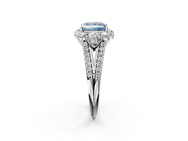 Platinum Fancy Blue Princess  Halo Split Shank Diamond Engagement Ring with Prong Setting