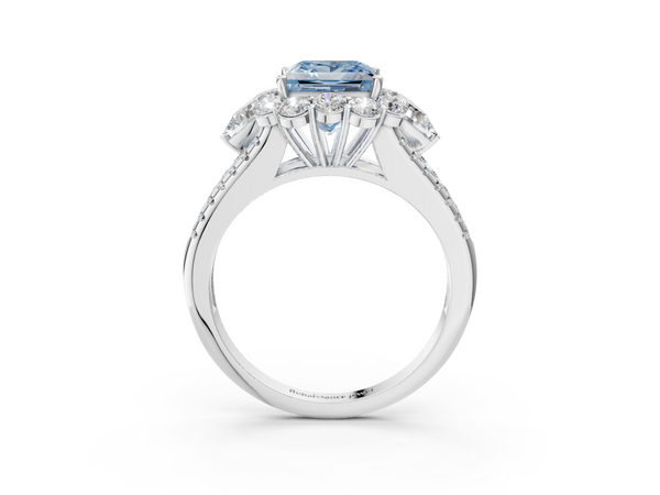 Platinum Fancy Blue Princess  Halo Split Shank Diamond Engagement Ring with Prong Setting