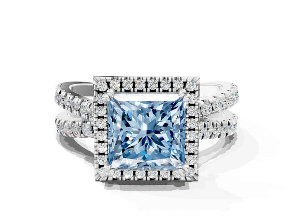 White gold Fancy Blue Princess  Halo Split Shank Diamond Ring with Pavé Setting