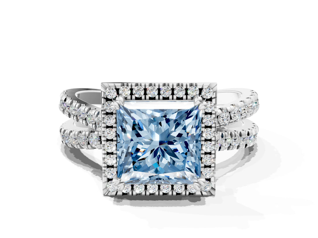 White gold Fancy Blue Princess  Halo Split Shank Diamond Ring with Pavé Setting_27