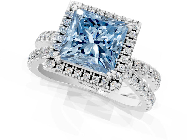 White gold Fancy Blue Princess  Halo Split Shank Diamond Ring with Pavé Setting