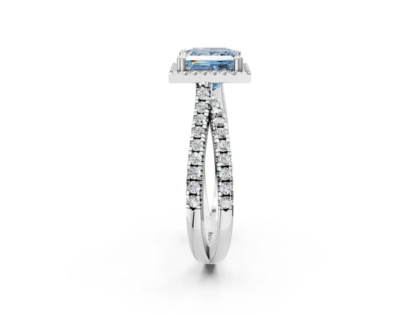 White gold Fancy Blue Princess  Halo Split Shank Diamond Ring with Pavé Setting