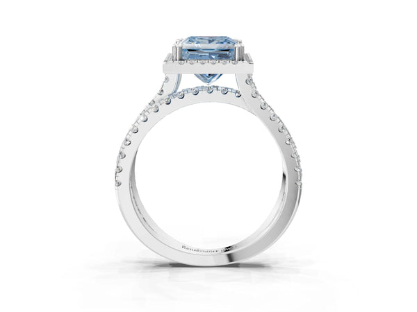 White gold Fancy Blue Princess  Halo Split Shank Diamond Ring with Pavé Setting
