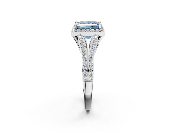 White gold Fancy Blue Princess  Halo Split Shank Diamond Ring with Prong Setting