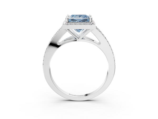 White gold Fancy Blue Princess  Halo Split Shank Diamond Ring with Prong Setting