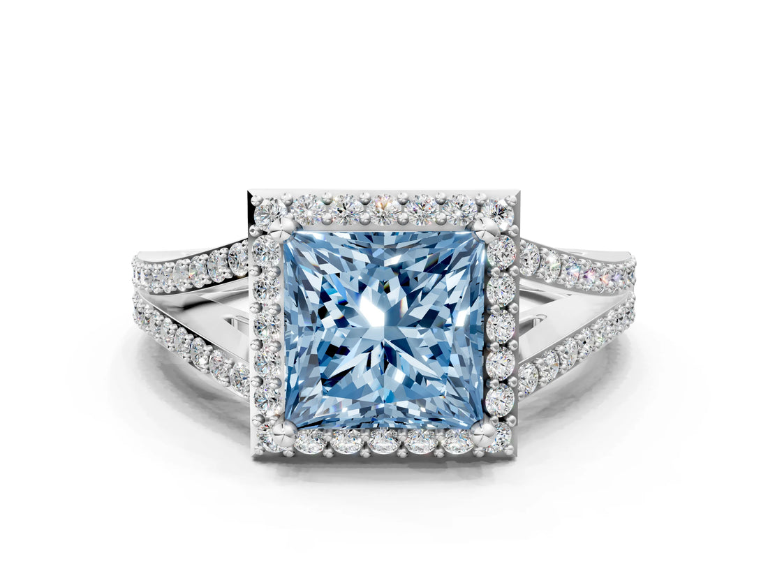 White gold Fancy Blue Princess  Halo Split Shank Pave Diamond Ring with Four-Prong Setting_49
