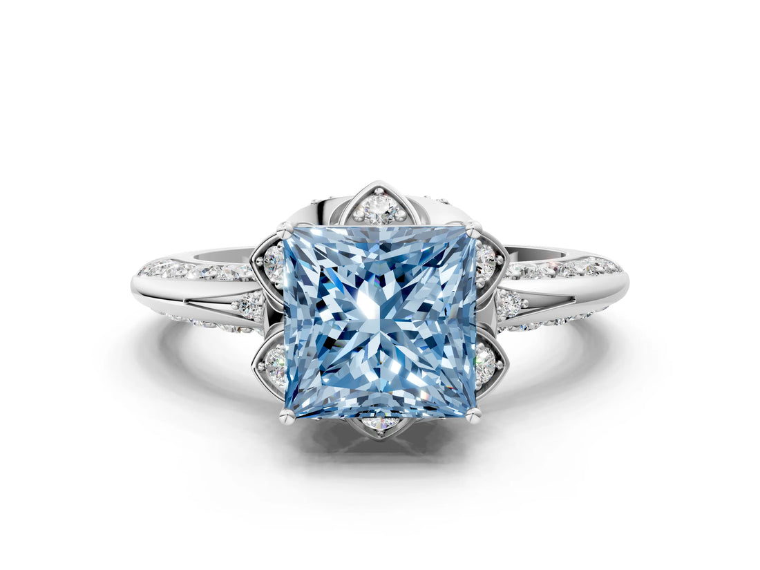 White gold Fancy Blue Princess  Halo Split Shank Pave Diamond Ring with Petal Prong Setting_31