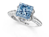 White gold Fancy Blue Princess  Halo Split Shank Pave Diamond Ring with Petal Prong Setting_32