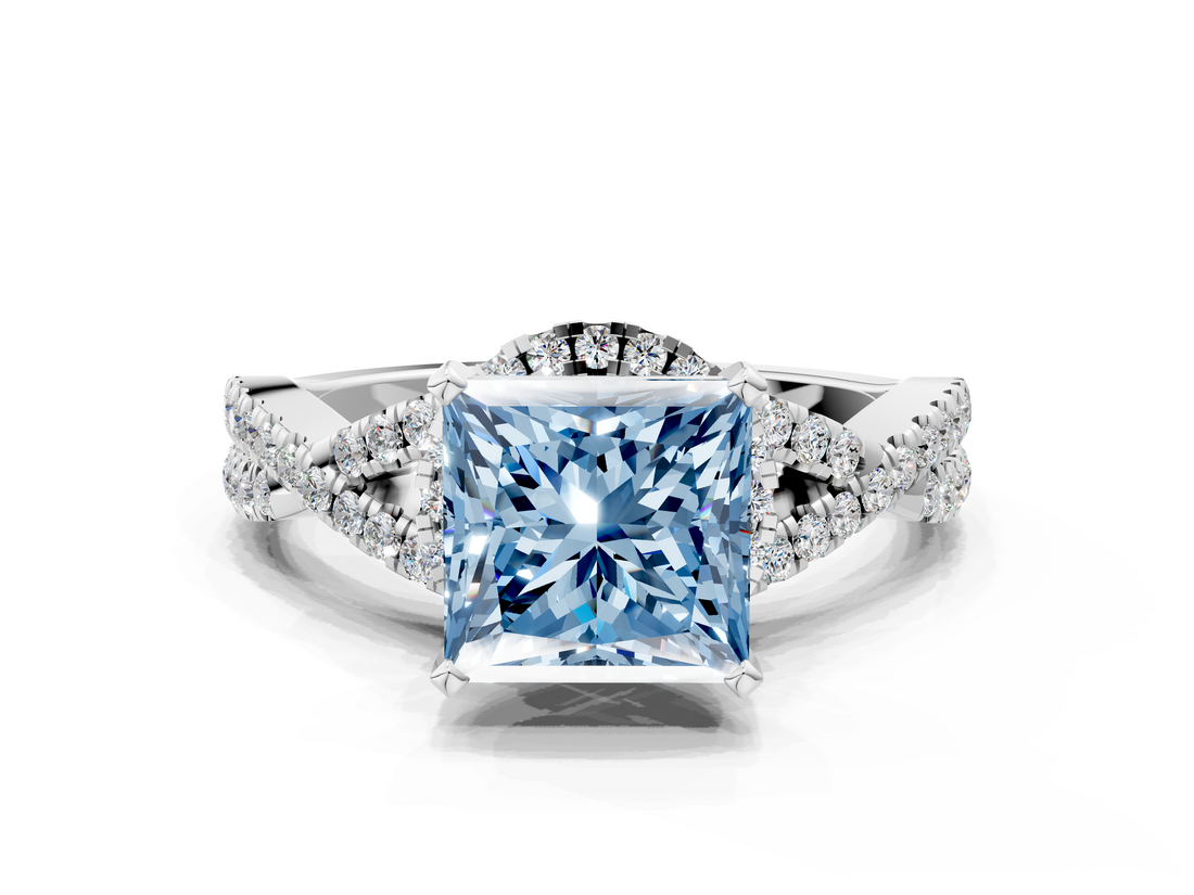 White gold Fancy Blue Princess  Halo Twist Band Solitaire Prong Setting Ring_76