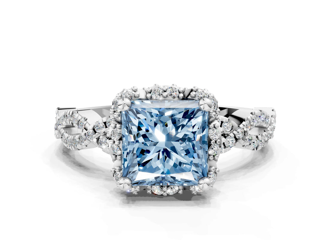 White gold Fancy Blue Princess  Halo Twist Band Solitaire Ring with Six-Prong Setting_32