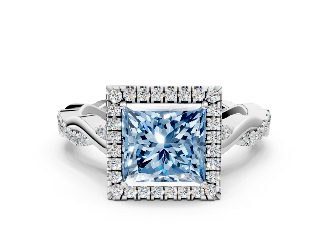 White gold Fancy Blue Princess  Halo Twist Band Solitaire Ring_20