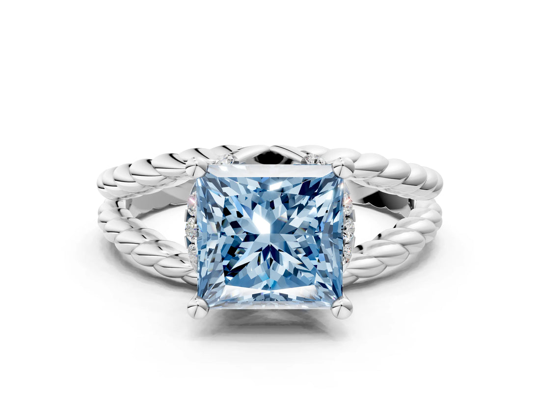 White gold Fancy Blue Princess  Halo Twisted Band Four-Prong Ring_32