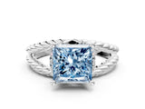 White gold Fancy Blue Princess  Halo Twisted Band Four-Prong Ring_32