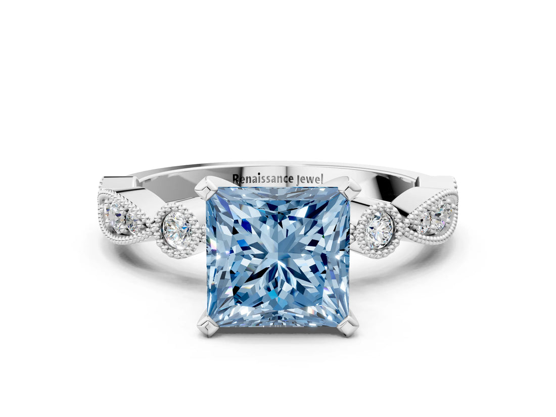 White gold Fancy Blue Princess  Milgrain Bezel Diamond Engagement Ring with Solitaire Prong Setting_160