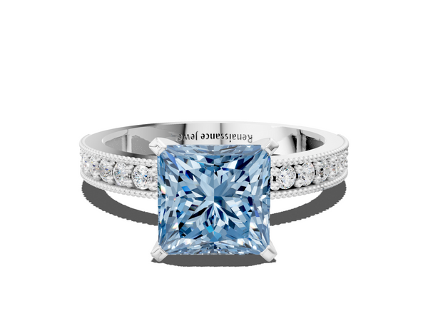Platinum Fancy Blue Princess Cut Diamond Milgrain Pavé Engagement Ring with Four-Prong Setting
