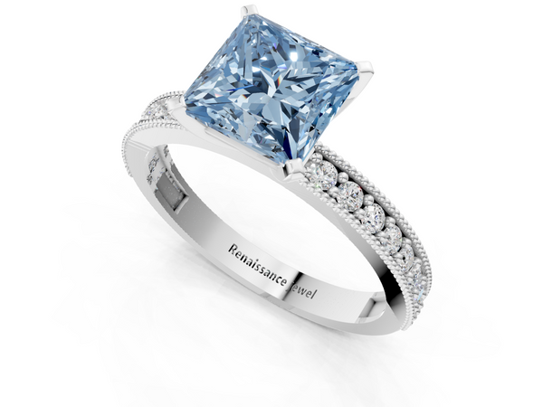 Platinum Fancy Blue Princess Cut Diamond Milgrain Pavé Engagement Ring with Four-Prong Setting