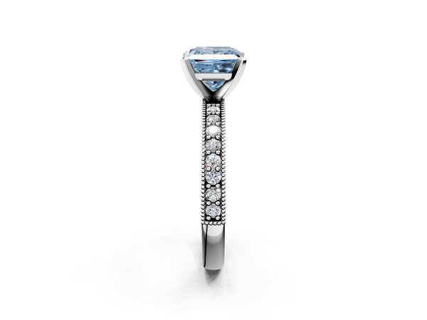 Platinum Fancy Blue Princess Cut Diamond Milgrain Pavé Engagement Ring with Four-Prong Setting