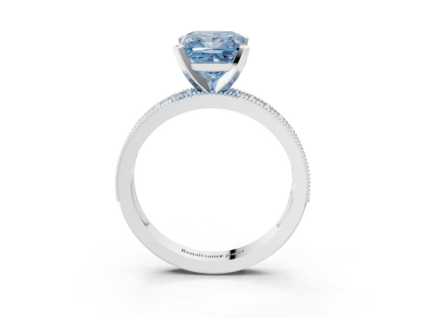 Platinum Fancy Blue Princess Cut Diamond Milgrain Pavé Engagement Ring with Four-Prong Setting