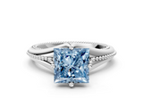 White gold Fancy Blue Princess  Solitaire Beaded Band Six-Prong Setting