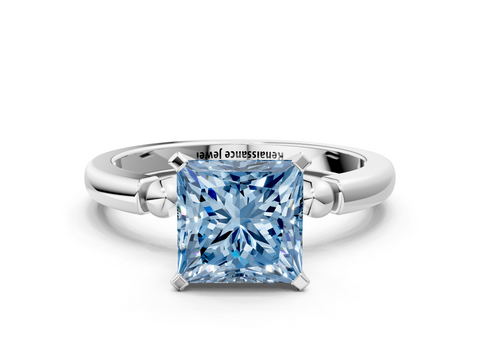 White gold Fancy Blue Princess  Solitaire Beaded Band with Four-Prong Setting_44