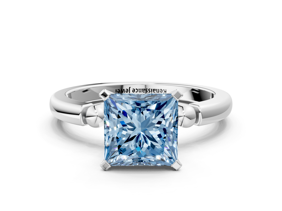 White gold Fancy Blue Princess  Solitaire Beaded Band with Four-Prong Setting_67