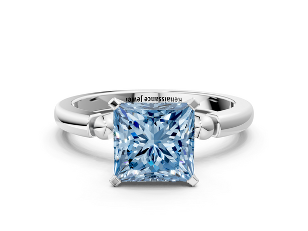 Platinum Fancy Blue Princess  Solitaire Beaded Band with Four-Prong Setting