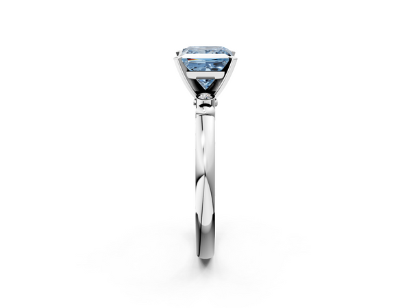 Platinum Fancy Blue Princess  Solitaire Beaded Band with Four-Prong Setting
