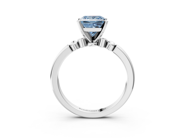 Platinum Fancy Blue Princess  Solitaire Beaded Band with Four-Prong Setting