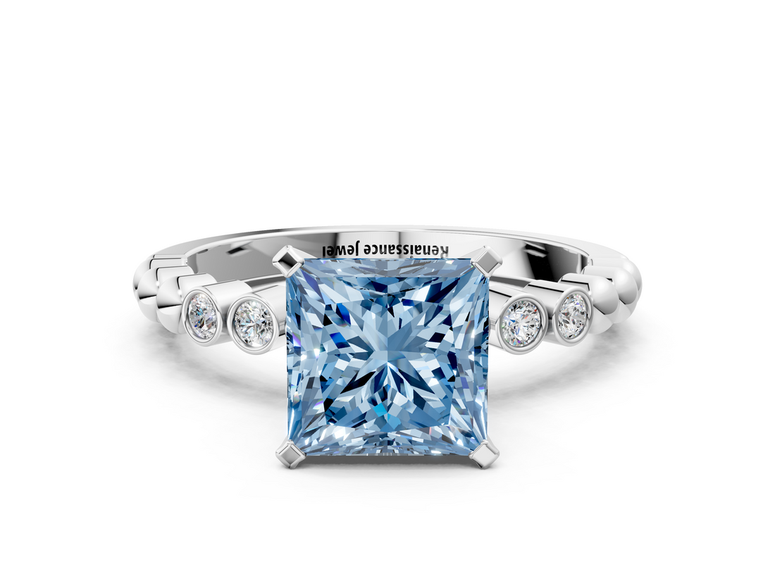 White gold Fancy Blue Princess  Solitaire Bezel Accent Diamond Engagement Ring with Beaded Band and Four-Prong Setting_55