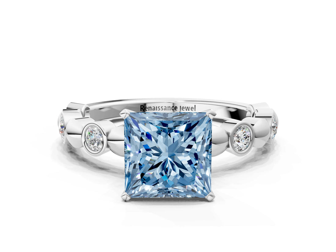 White gold Fancy Blue Princess  Solitaire Bezel-Set Diamond Ring with Beaded Band and Four-Prong Setting_32