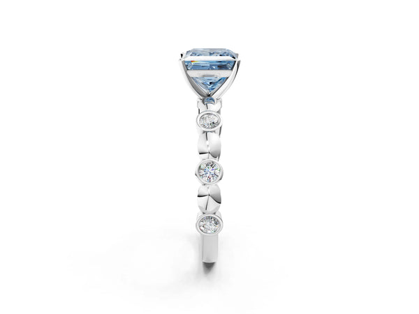 White Gold Princess Cut Engagement Ring Setting for Fancy Blue Center with Bezel Station Beaded Band