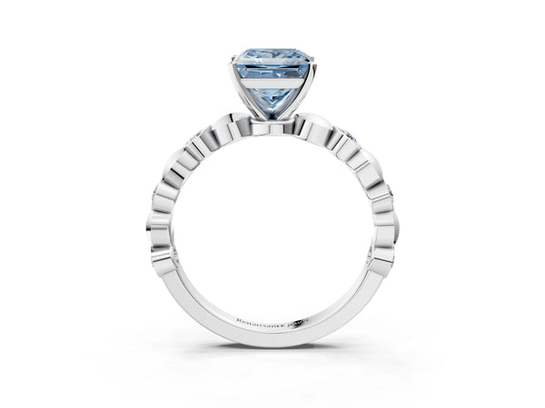 Platinum Princess Cut Engagement Ring Setting for Fancy Blue Center with Bezel Station Beaded Band