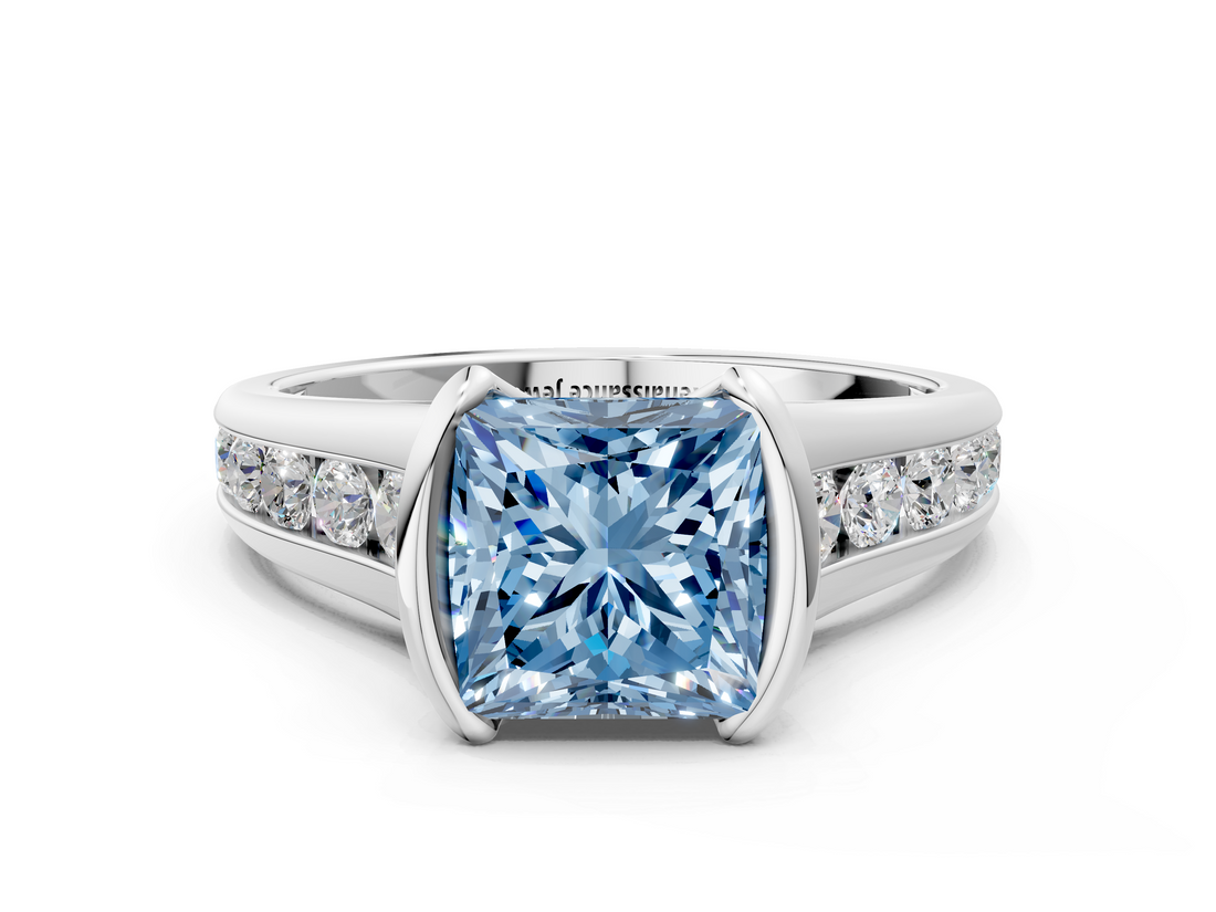 White gold Fancy Blue Princess  Solitaire Bezel-Set Diamond Ring with Channel-Set Band_86