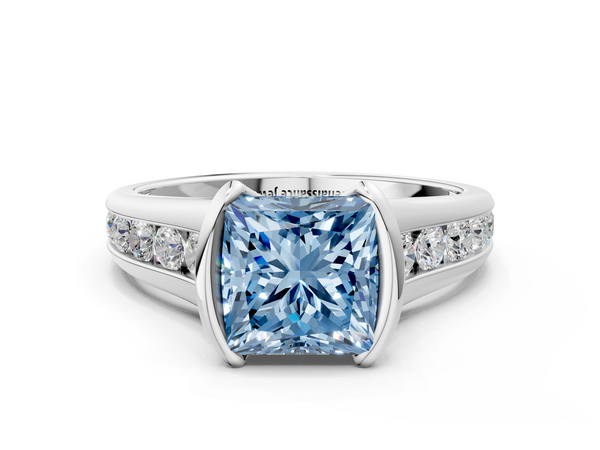 Platinum Fancy Blue Princess  Solitaire Bezel-Set Diamond Ring with Channel-Set Band