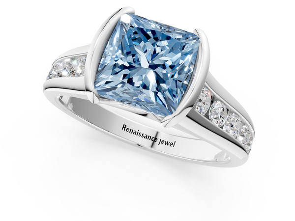 Platinum Fancy Blue Princess  Solitaire Bezel-Set Diamond Ring with Channel-Set Band