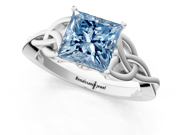 Platinum 4.00 Carat Blue VS2 Princess Diamond Solitaire Engagement Ring with Celtic Knot Band and Four-Prong Setting