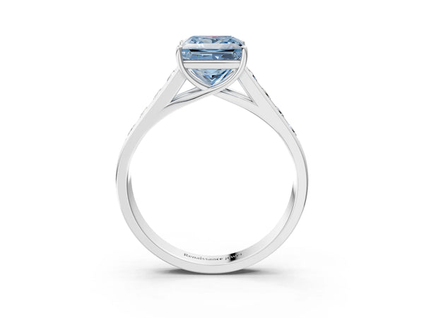 White gold Fancy Blue Princess  Solitaire Channel-Set Diamond Engagement Ring with Four-Prong Setting