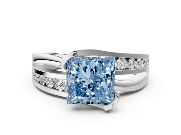 Platinum Fancy Blue Princess  Solitaire Channel-Set Split Shank Ring with Tension Prong Setting