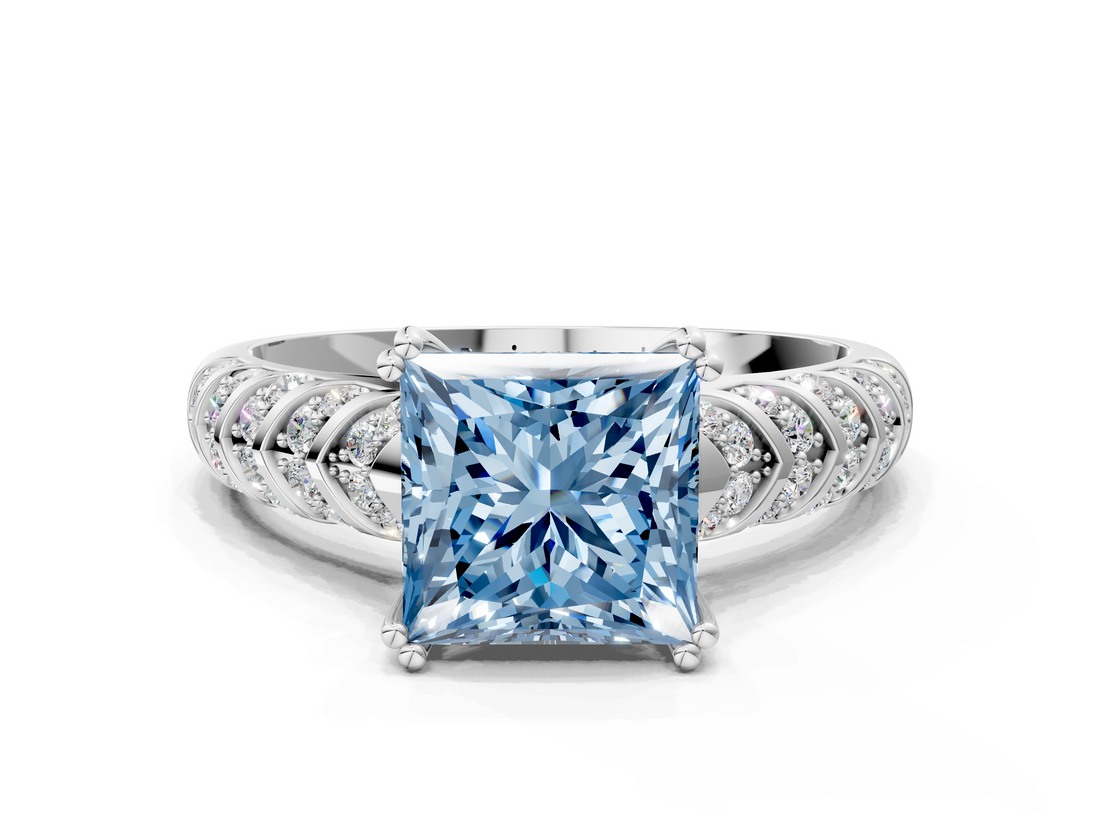 White gold Fancy Blue Princess  Solitaire Chevron Pave Diamond Engagement Ring with Six-Prong Setting_3