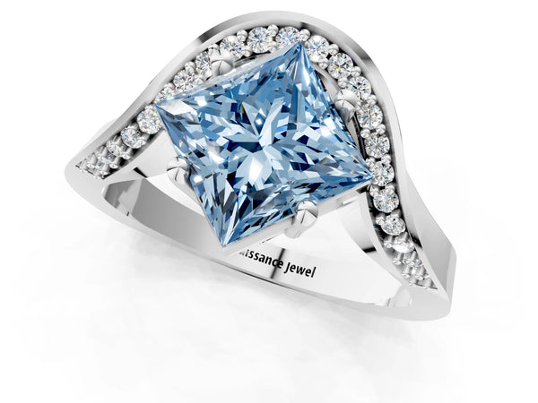 White gold Fancy Blue Princess  Solitaire Diamond Engagement Ring with Pave Band and Four-Prong Setting