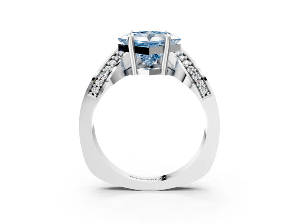 White gold Fancy Blue Princess  Solitaire Diamond Engagement Ring with Pave Band and Four-Prong Setting