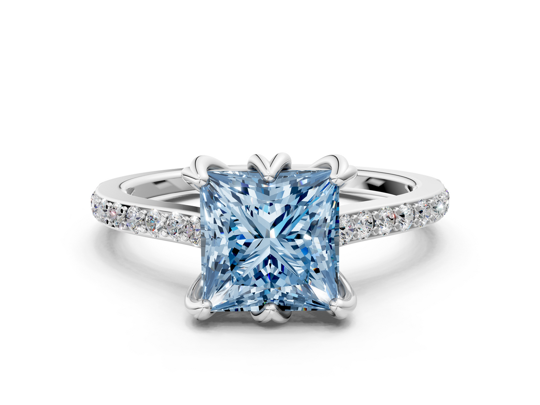 White gold Fancy Blue Princess  Solitaire Diamond Engagement Ring with Pave Band and Six-Prong Setting_20