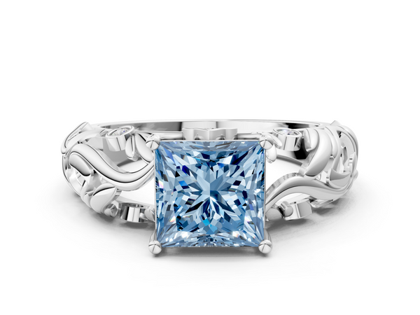 Platinum Fancy Blue Princess Cut Solitaire Diamond Leaf-Inspired Vine Band Ring with Prong Setting