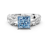 White gold Fancy Blue Princess  Solitaire Diamond Leaf Vine Band with Prong Setting_24