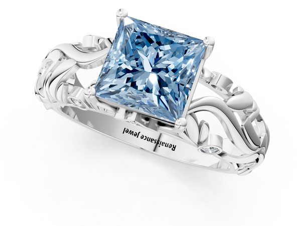 Platinum Fancy Blue Princess Cut Solitaire Diamond Leaf-Inspired Vine Band Ring with Prong Setting
