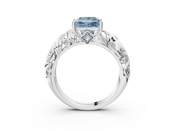 Platinum Fancy Blue Princess Cut Solitaire Diamond Leaf-Inspired Vine Band Ring with Prong Setting