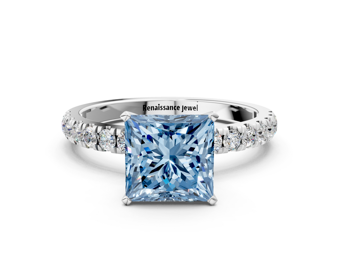 White gold Fancy Blue Princess  Solitaire Diamond Pavé Band with Four-Prong Setting_24