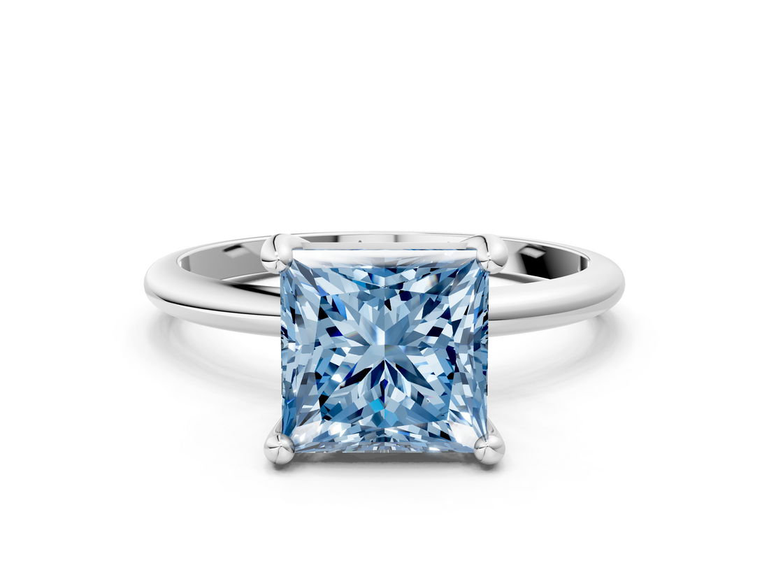 White gold Fancy Blue Princess  Solitaire Diamond Ring with 4-Prong Setting on a Classic Band_3